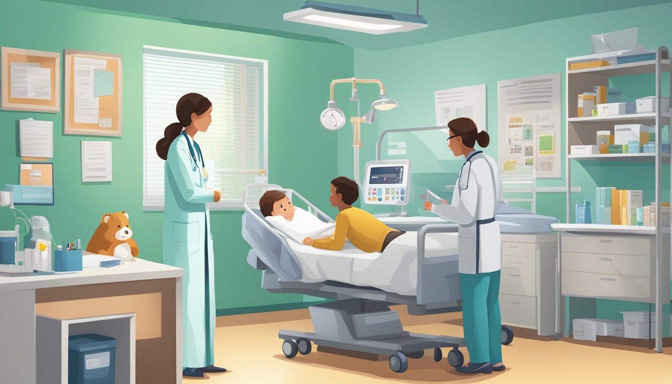 A child's hospital room with concerned parents and a doctor discussing critical illness insurance paperwork