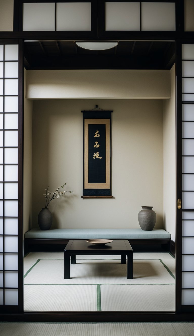 A serene tokonoma alcove with minimalist decor and traditional Japanese elements, such as a low table, tatami mats, and a scroll painting