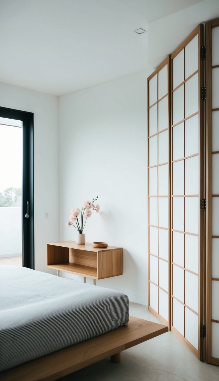 A minimalist bedroom with a low platform bed, paper sliding doors, and a simple Ikebana flower arrangement on a wooden table