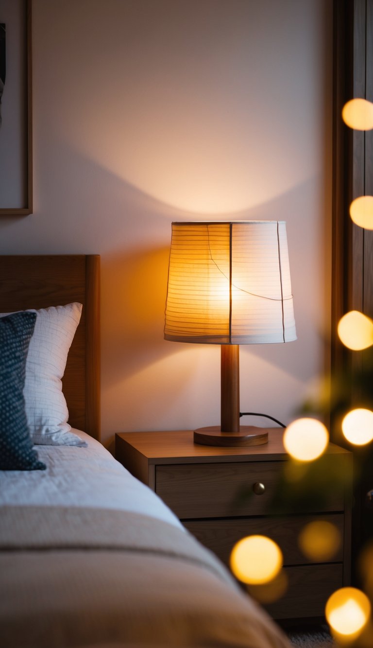 A cozy bedroom with washi paper lamps casting a warm, soft glow, inspired by Japanese design