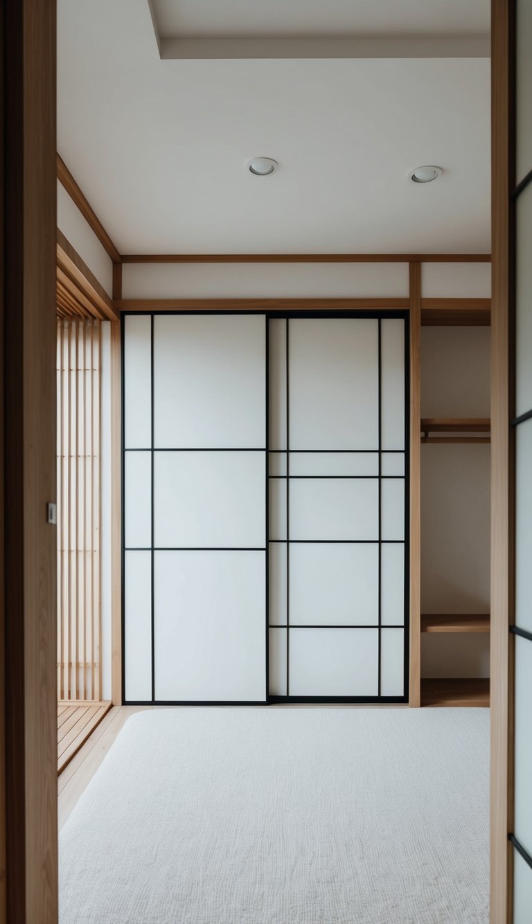 A minimalist sliding panel wardrobe in a serene Japanese-inspired bedroom