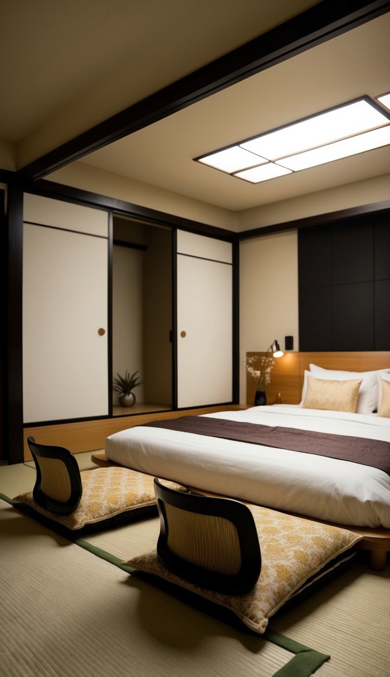 A cozy bedroom with traditional Zaisu floor chairs, tatami mats, and minimalist decor inspired by Japanese design