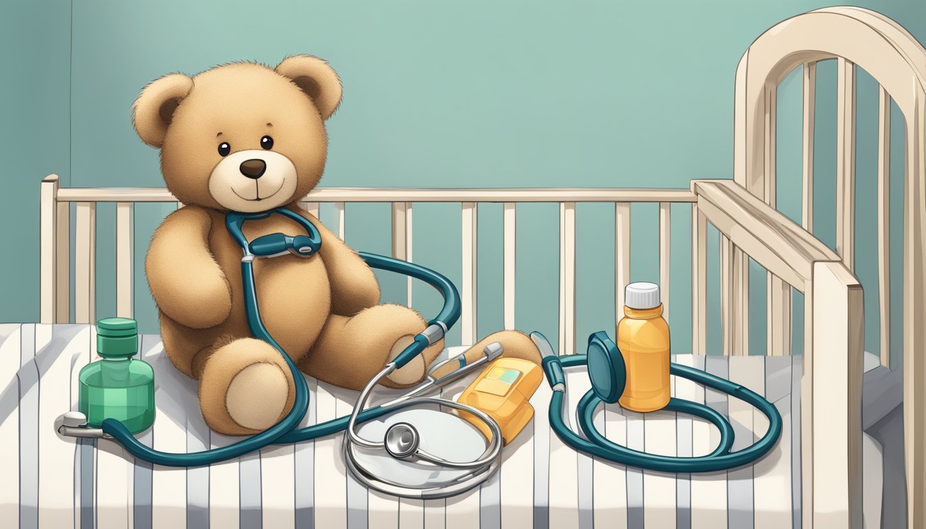 A stethoscope resting on a baby's crib, with a teddy bear and a small medical kit nearby