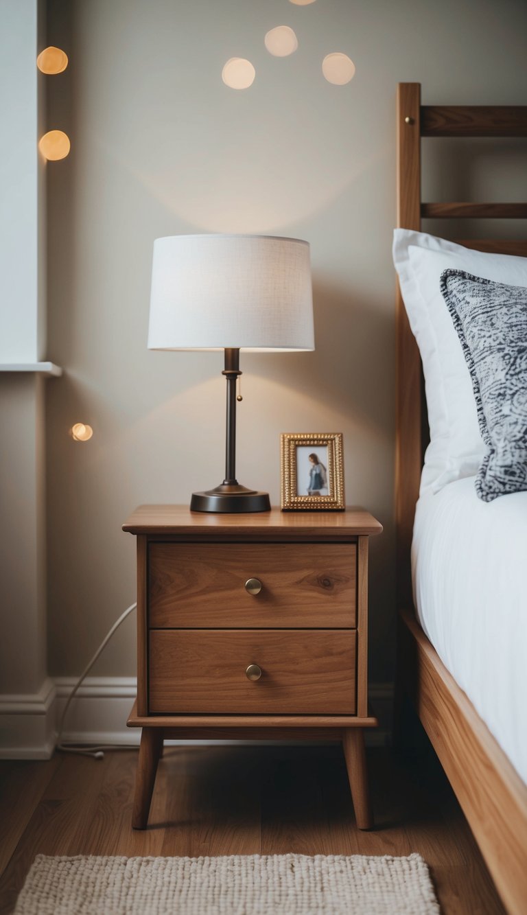 A simple wooden nightstand with a small lamp and a few decorative items