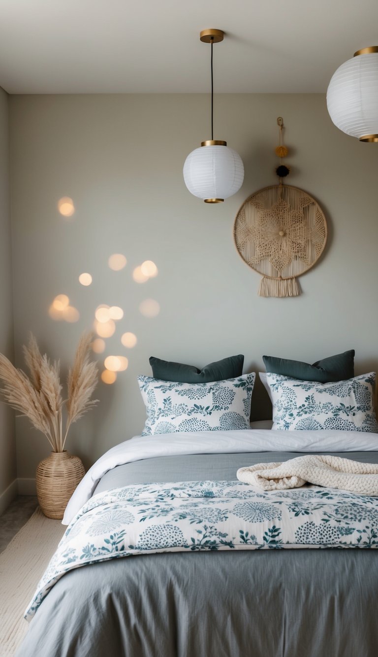 A cozy bedroom with kimono-inspired bedding, paper lanterns, and minimalist decor