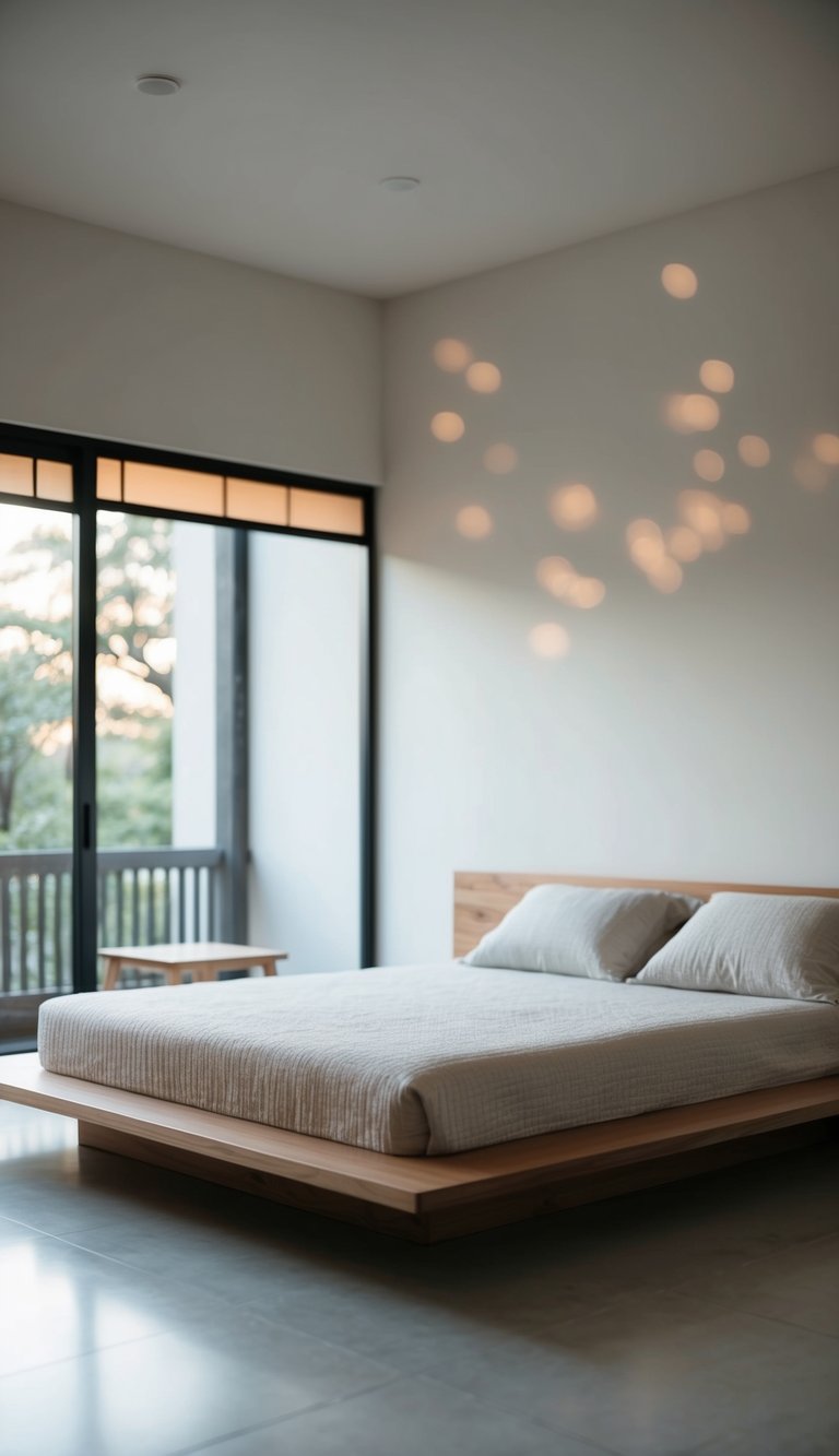 A minimalist wooden platform bed in a serene Japanese-inspired bedroom