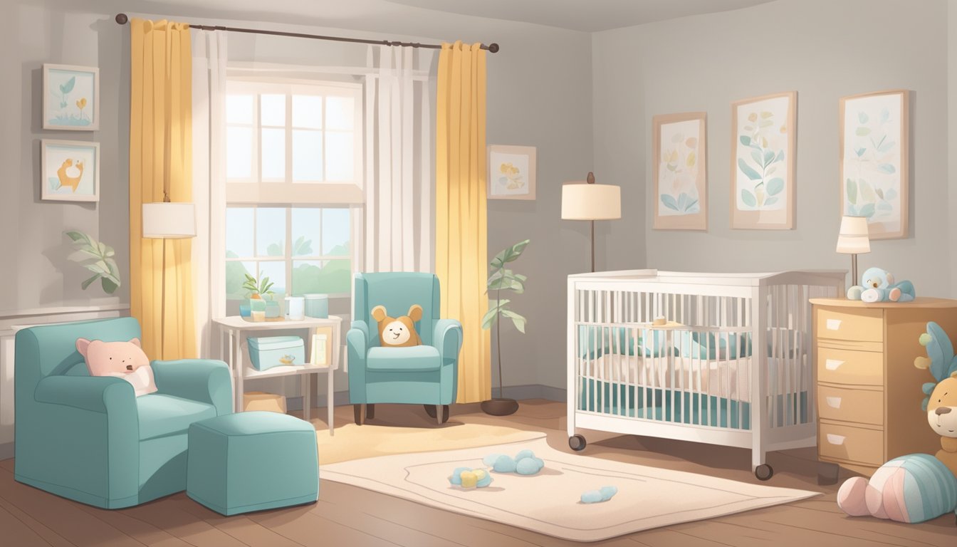 A peaceful nursery with a crib, soft blankets, and a stuffed animal. A small table holds paperwork for critical illness insurance for a baby