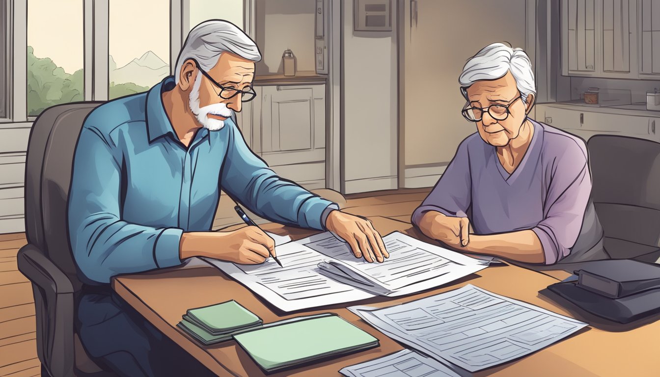 A worried family member looks over medical bills and insurance paperwork for critical illness coverage for a senior