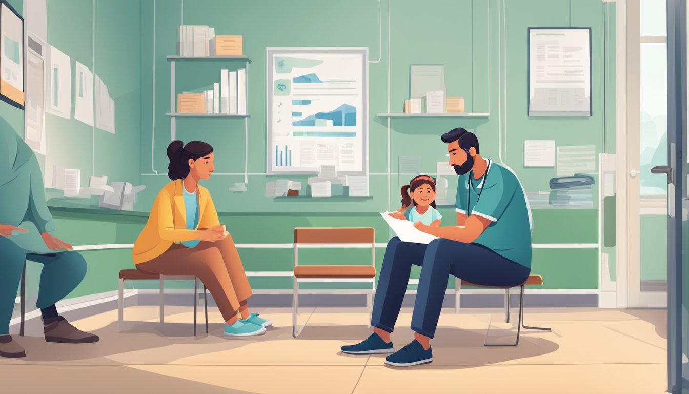 A worried parent and a child sitting at a doctor's office, while a medical professional explains the critical illness insurance process