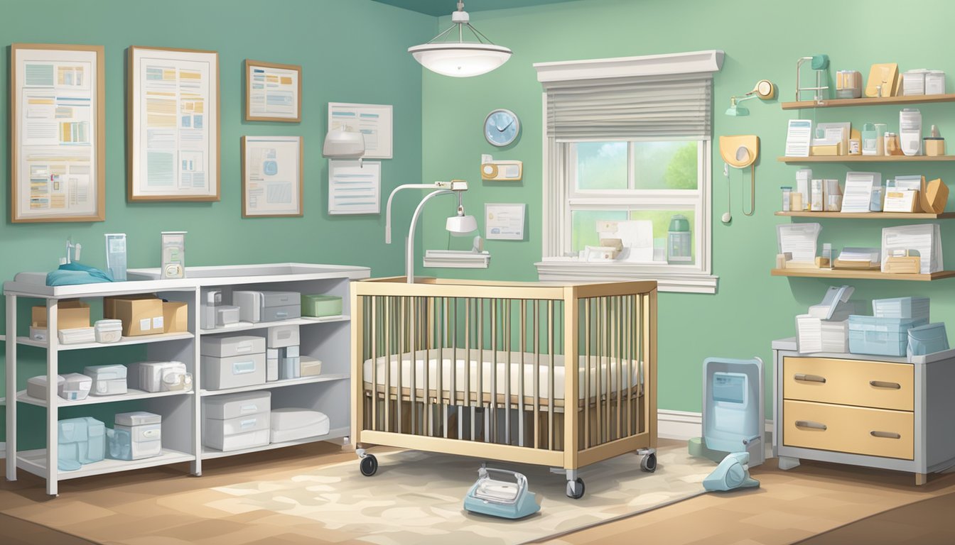 A baby's crib surrounded by medical equipment and insurance paperwork