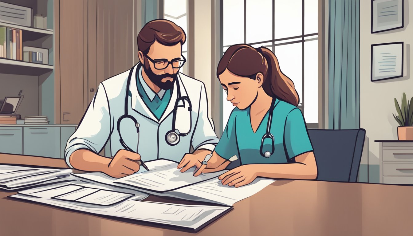 A worried parent looks over a brochure with a list of critical illness insurance options for children, while a concerned doctor provides guidance