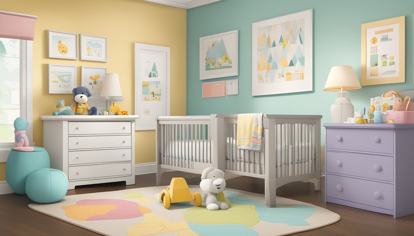 A baby's room with a crib and toys, a parent filling out paperwork at a desk, and a computer screen showing policy details