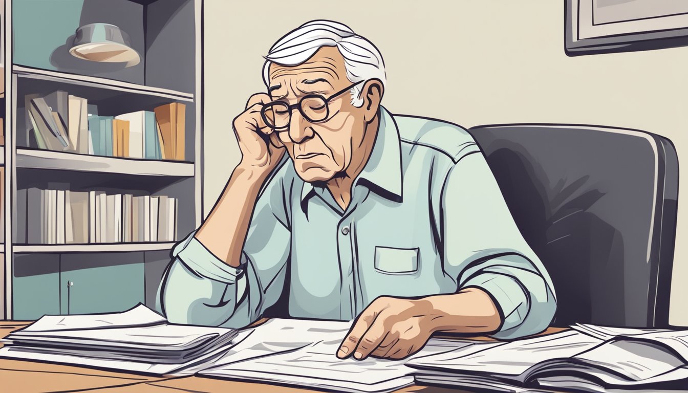 A worried elderly person reviewing insurance policy documents with a concerned expression