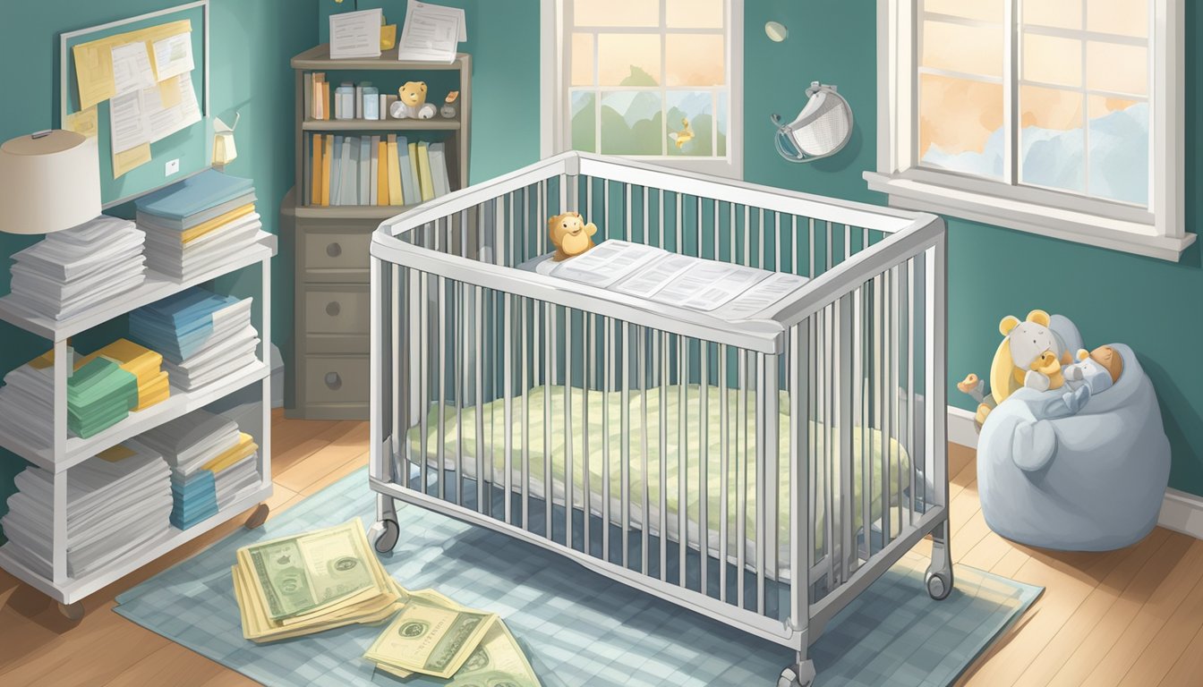 A baby's crib surrounded by financial planning documents and a critical illness insurance policy