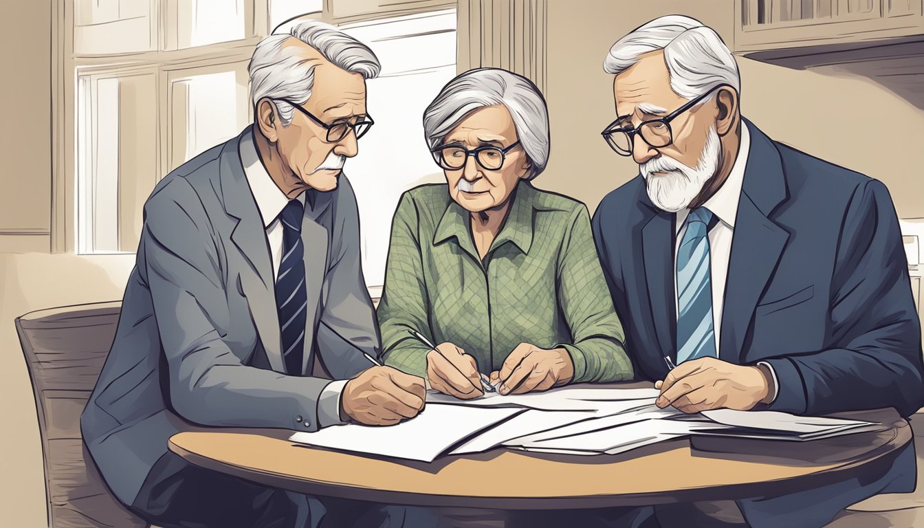 A worried elderly couple reviewing paperwork with a financial advisor