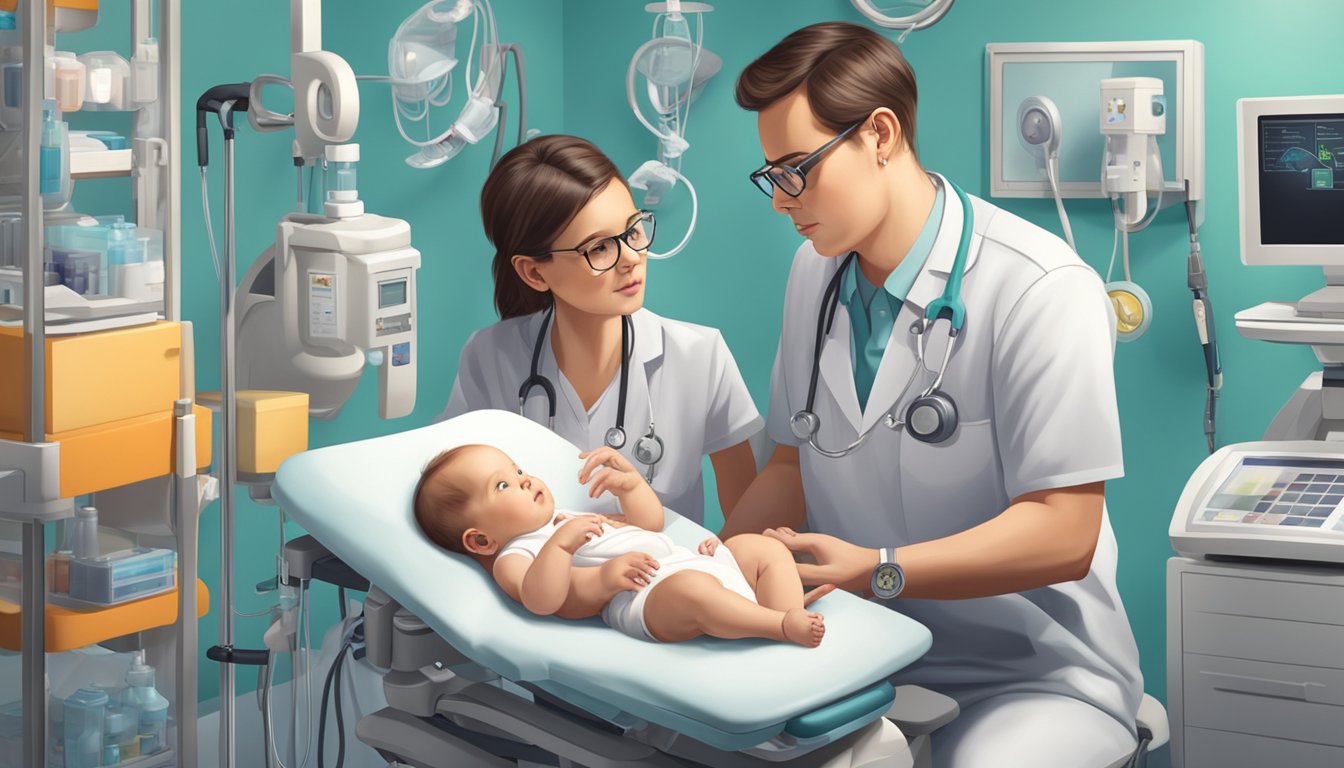 A baby surrounded by various medical equipment, with concerned parents discussing additional riders and supplemental plans with an insurance agent