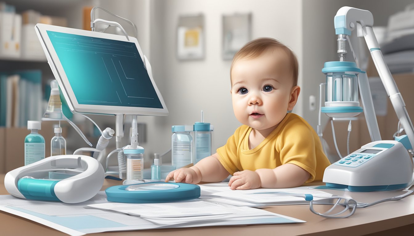 A baby surrounded by medical equipment with legal documents and regulatory guidelines in the background