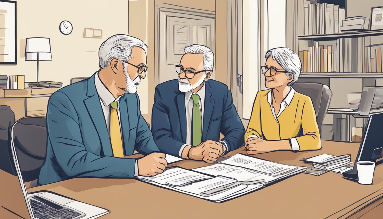 A senior couple discussing insurance options with a financial advisor in an office setting