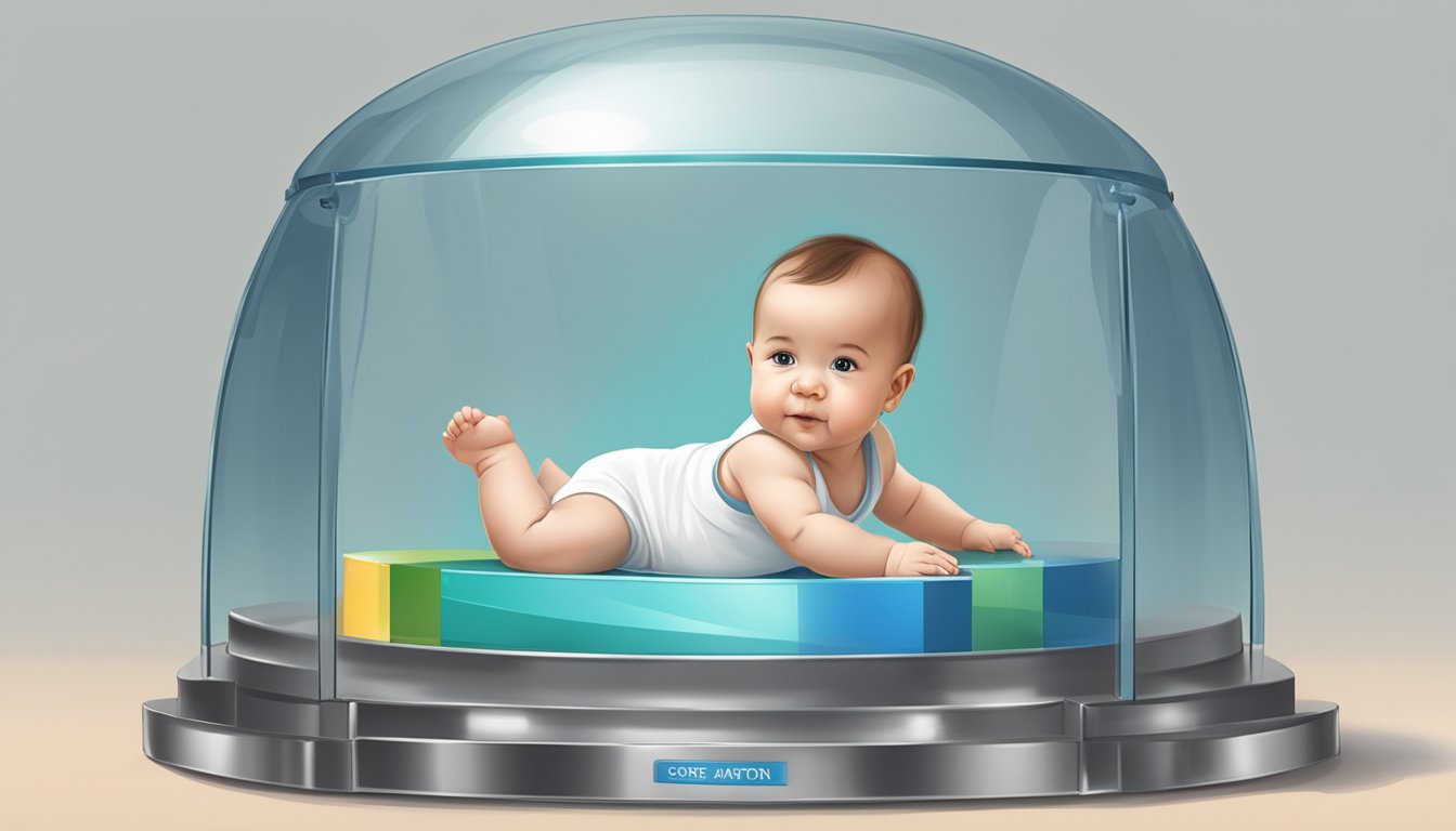 A baby surrounded by a protective shield, with a scale balancing risk and coverage options