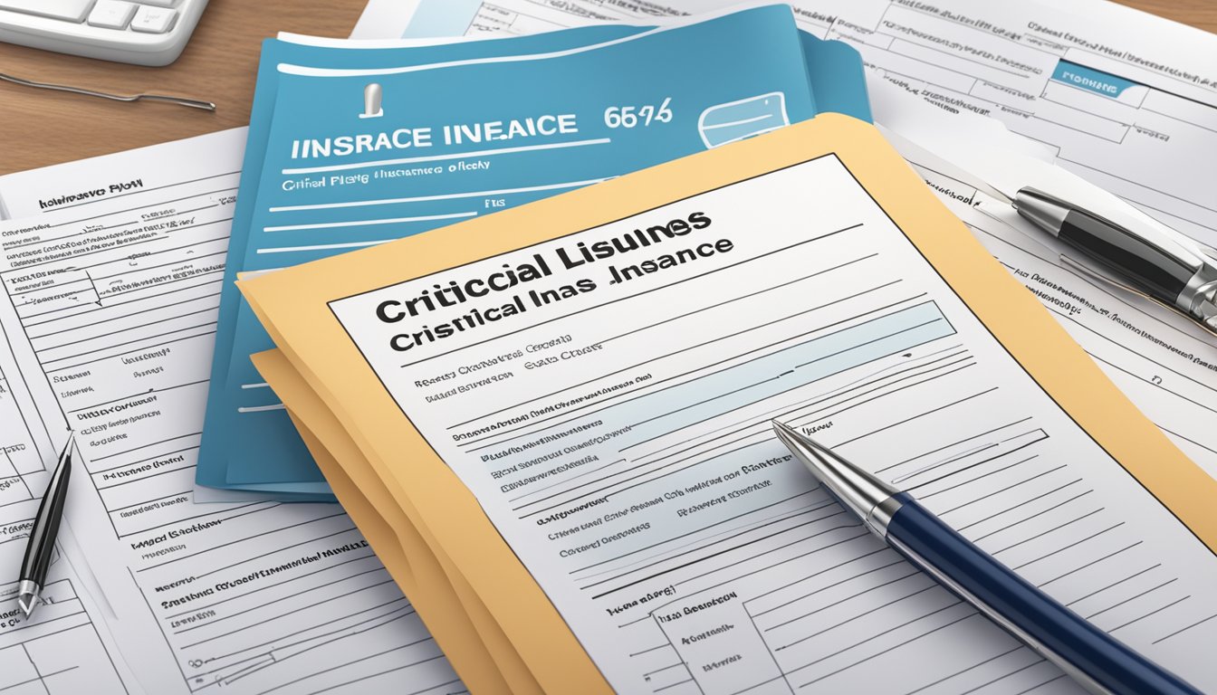 A stack of insurance policy documents with a "Critical Illness Insurance Over 65" label, alongside a folder of claims forms