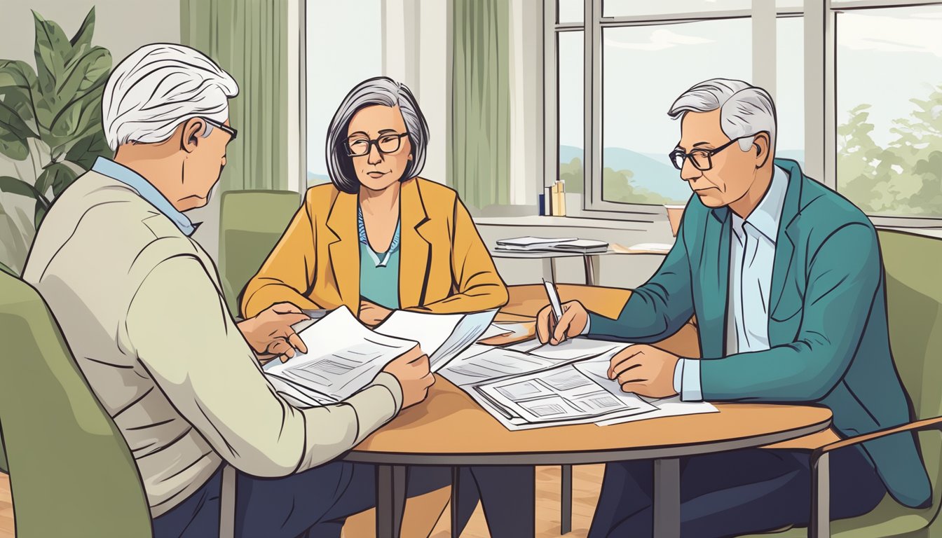 A worried couple in their fifties reviewing critical illness insurance options with a financial advisor