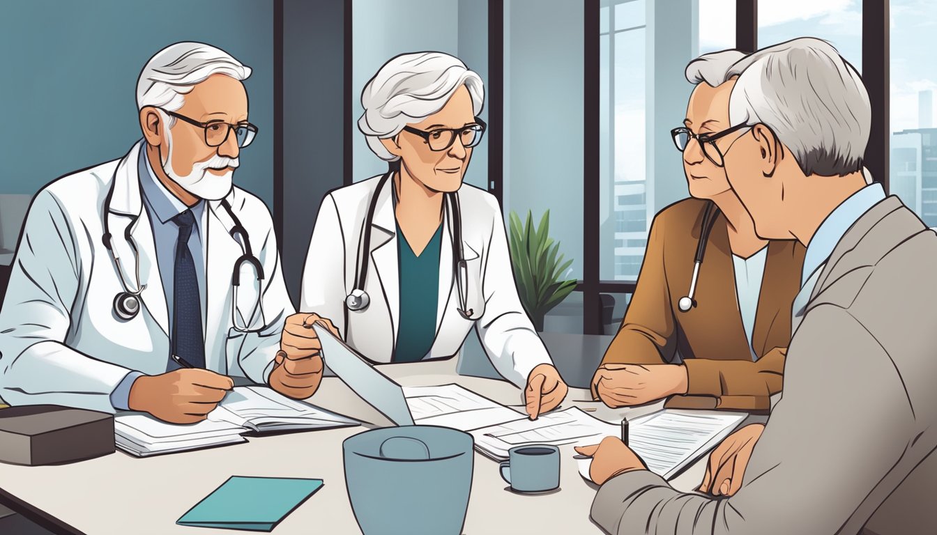 A doctor discussing critical illness insurance options with a group of older individuals in a modern office setting