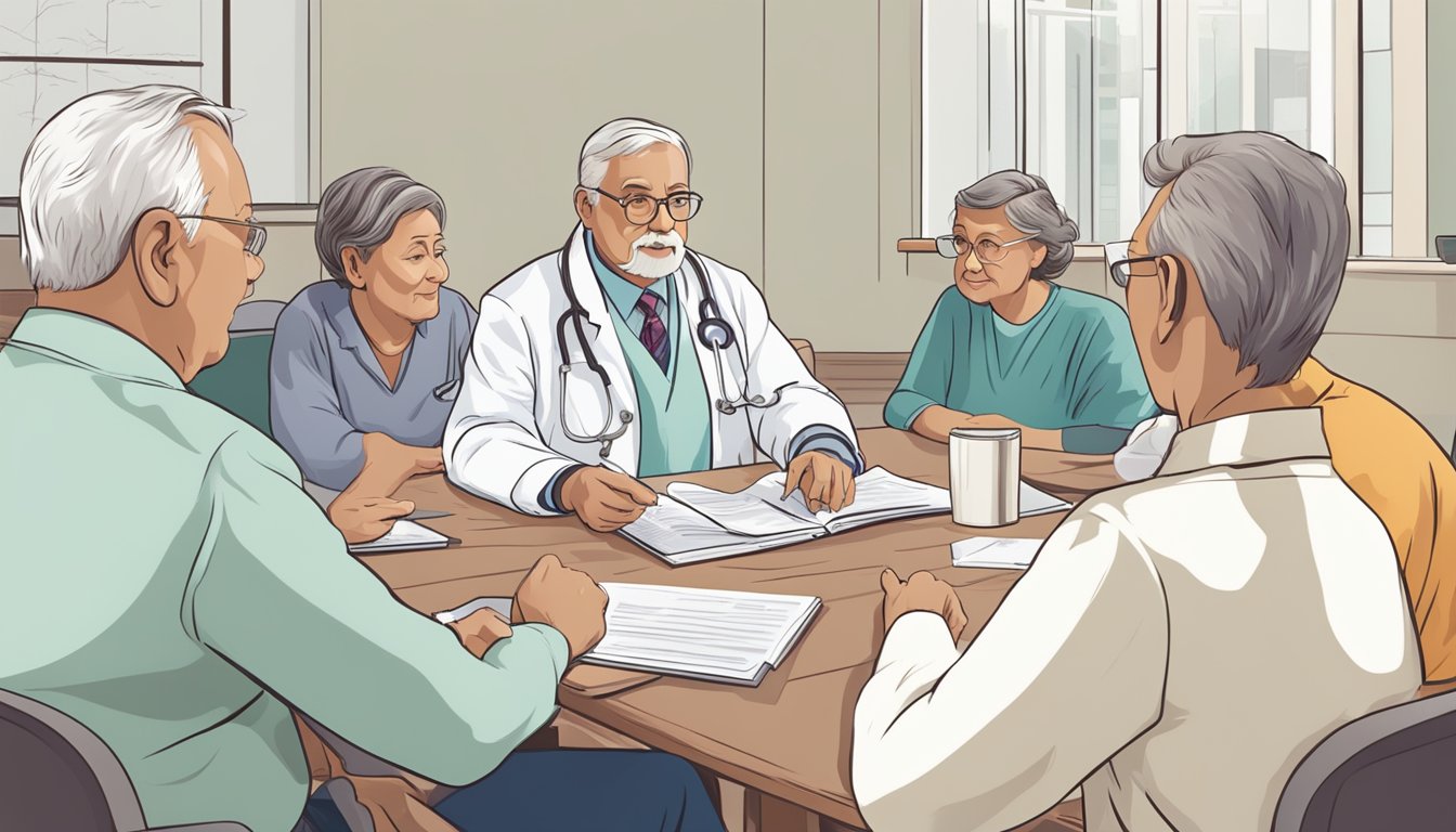 A doctor explaining critical illness insurance to a group of attentive seniors