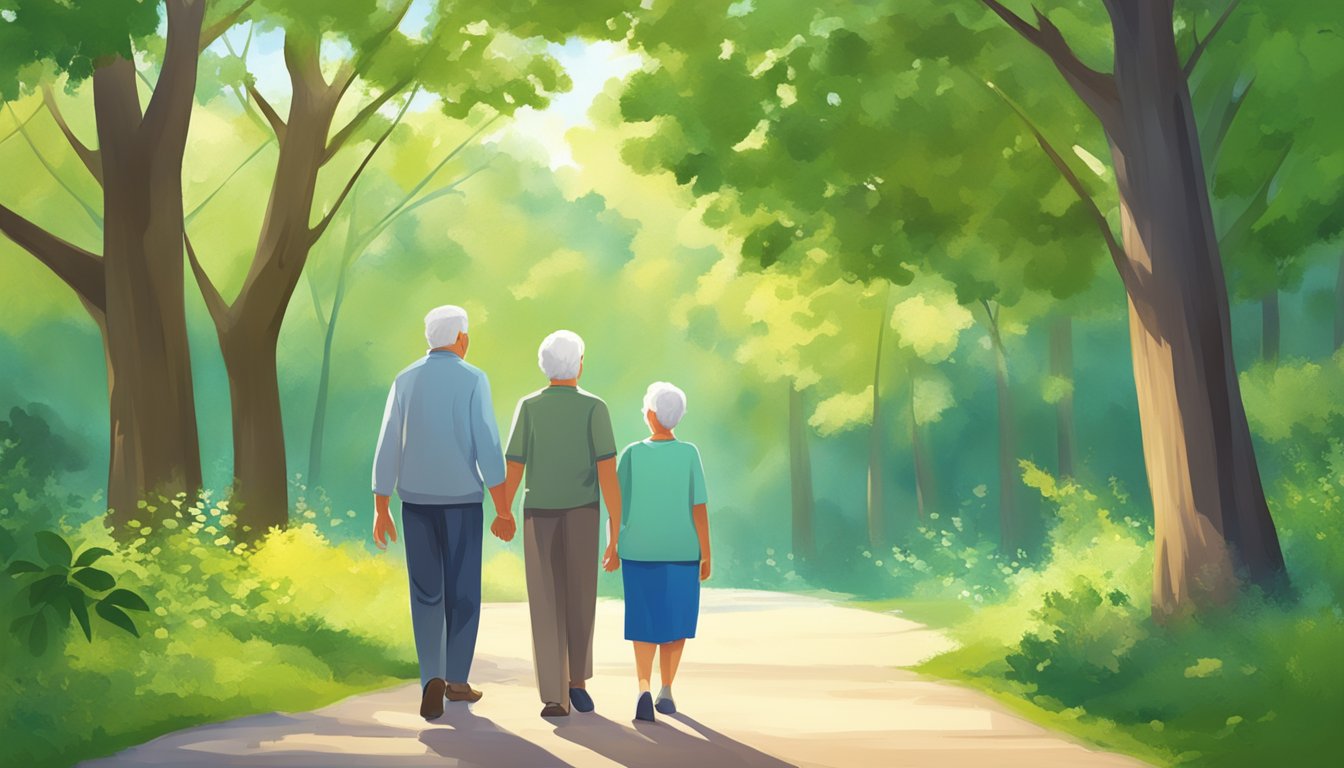 A serene older couple enjoying a peaceful walk in nature, surrounded by vibrant green trees and a clear blue sky