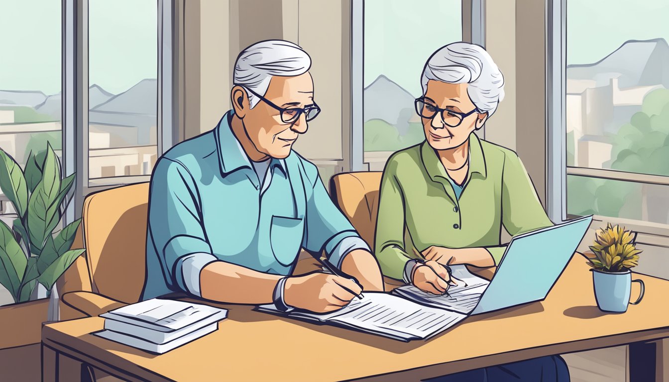 A senior couple reviewing critical illness insurance options with an insurance agent