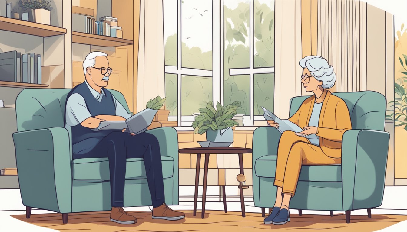 A serene elderly couple sitting in a cozy living room, discussing critical illness insurance with a financial advisor