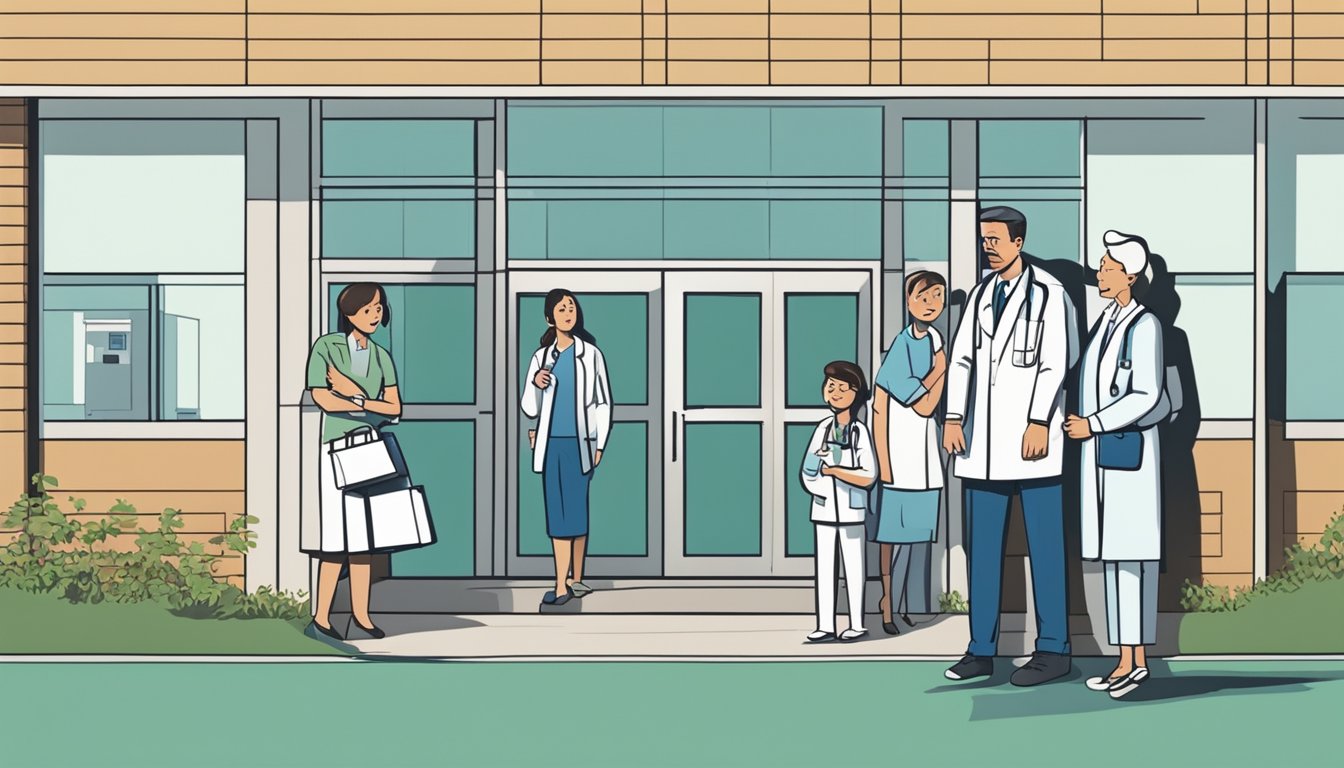 A worried family standing outside a hospital, with a doctor delivering news