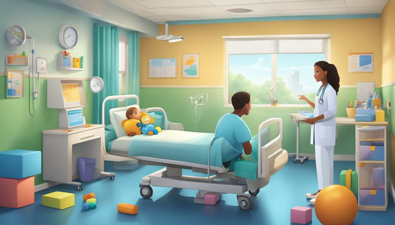 A child's hospital room with colorful toys and a concerned parent speaking with a doctor about juvenile critical illness insurance