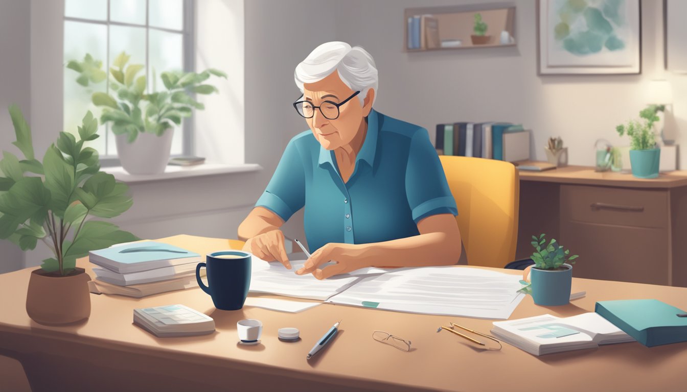 A serene elderly person reviewing critical illness insurance options with a knowledgeable advisor in a cozy office setting