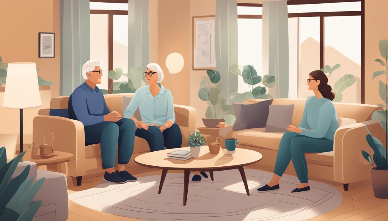 A serene, mature couple sits in a cozy living room discussing critical illness insurance with an attentive insurance agent