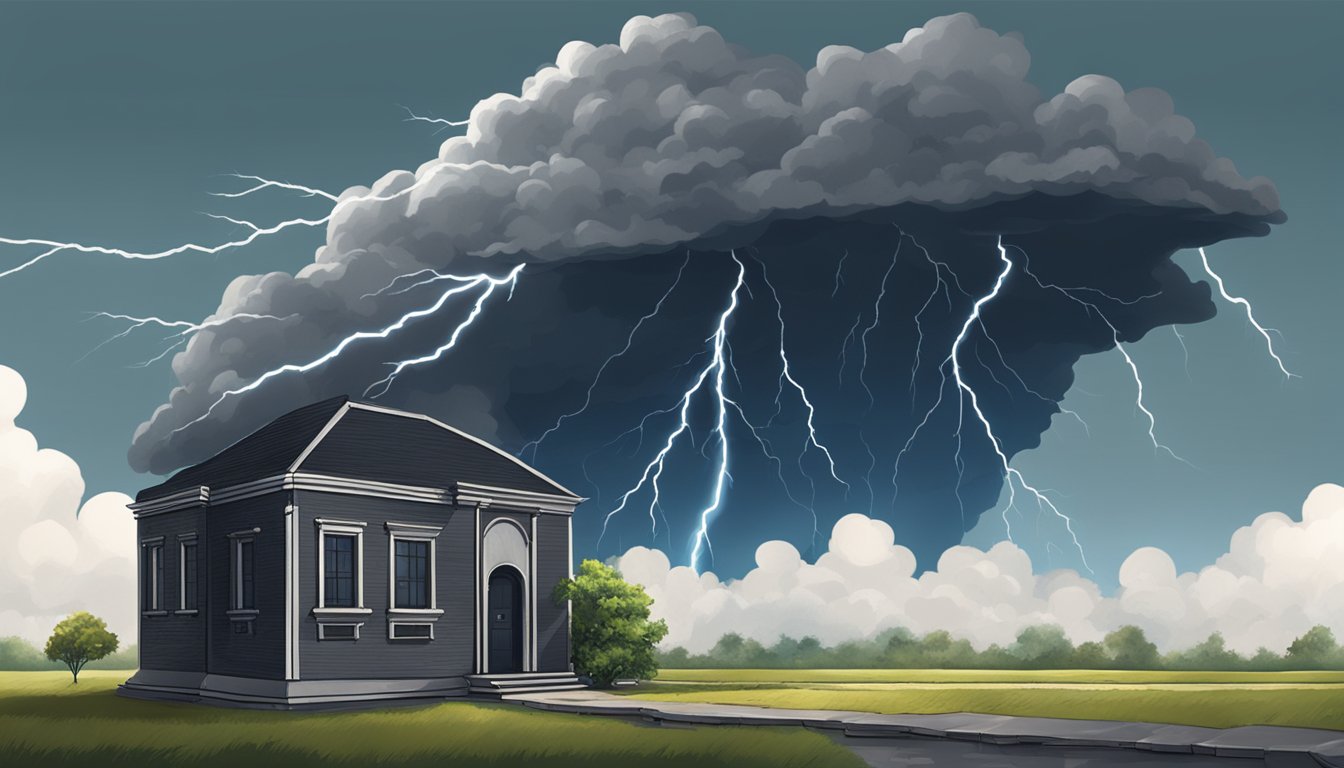 A dark storm cloud hovers over a crumbling bank, with a lightning bolt striking the building, symbolizing the risk of bankruptcy