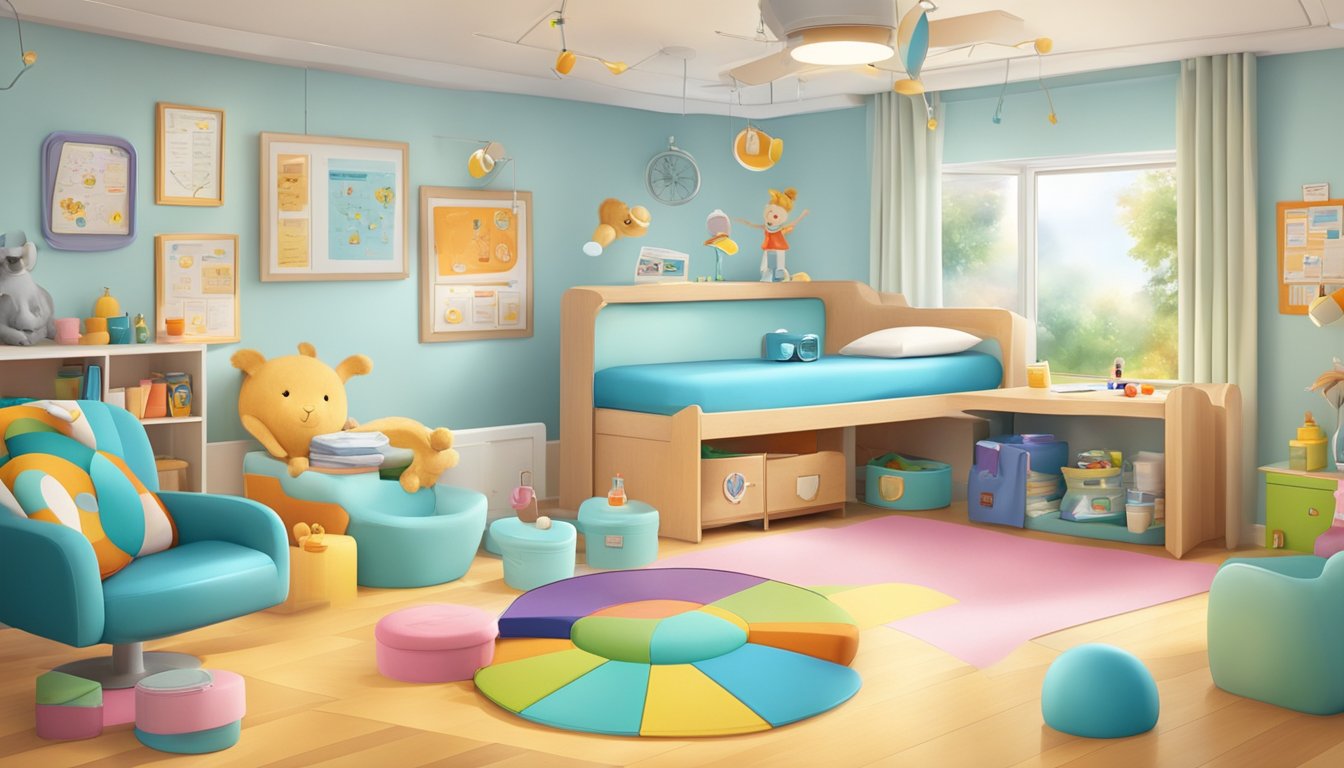 A colorful illustration of a child-friendly environment with a medical theme, featuring playful elements and symbols of insurance and policy management