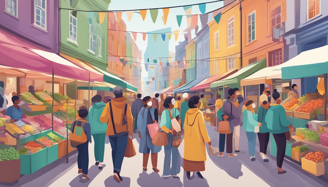 A diverse group of people of various ages and backgrounds are seen exploring different options for critical illness insurance at a bustling market. The market is filled with colorful stalls and signage, and there is a sense of accessibility and inclusion as everyone is able to easily navigate the space