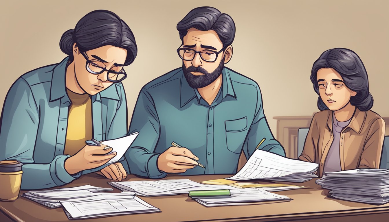 A family sitting at a table with paperwork, calculator, and worried expressions