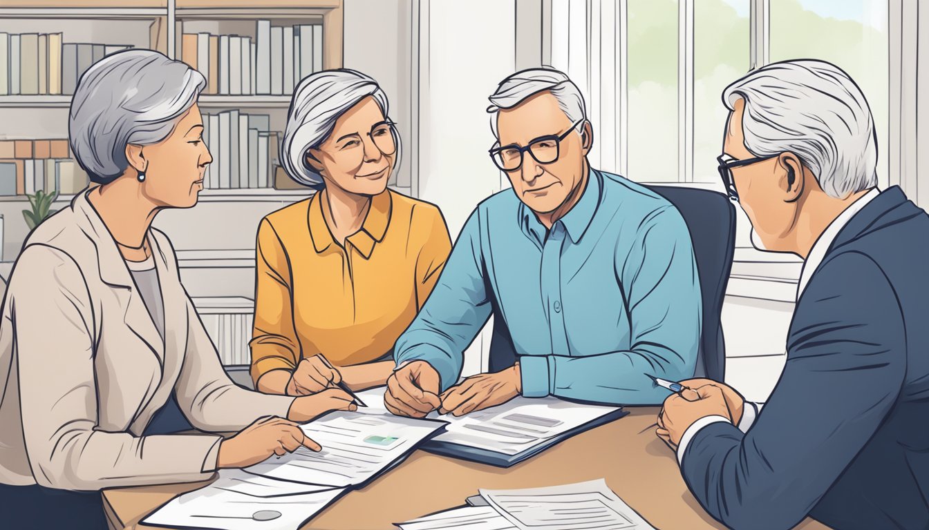 A mature couple reviewing critical illness insurance options with a financial advisor