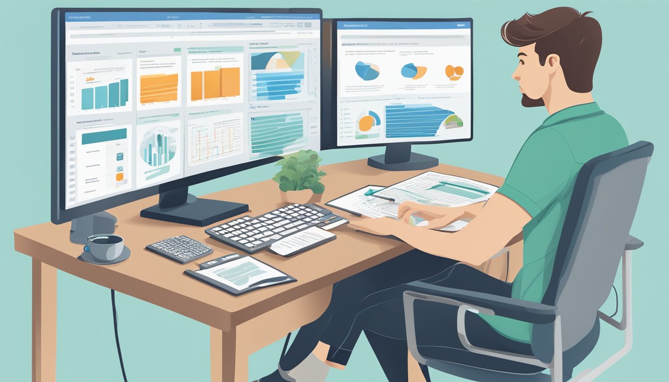 A person sitting at a desk, reviewing insurance options on a computer screen with various critical illness coverage plans displayed