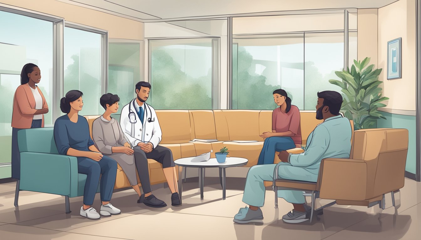 A doctor discussing critical illness insurance with a patient's family in a hospital waiting room