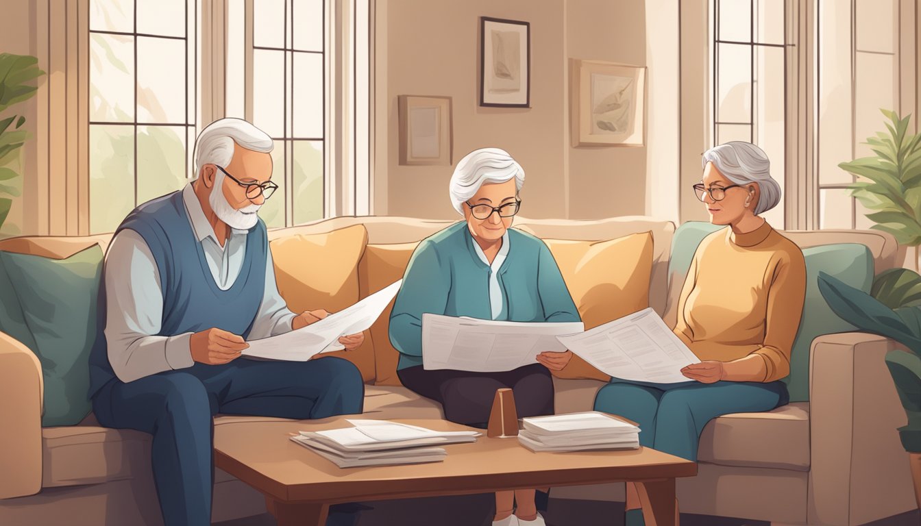 A serene elderly couple reviewing critical illness insurance policy documents with a financial advisor in a cozy living room setting