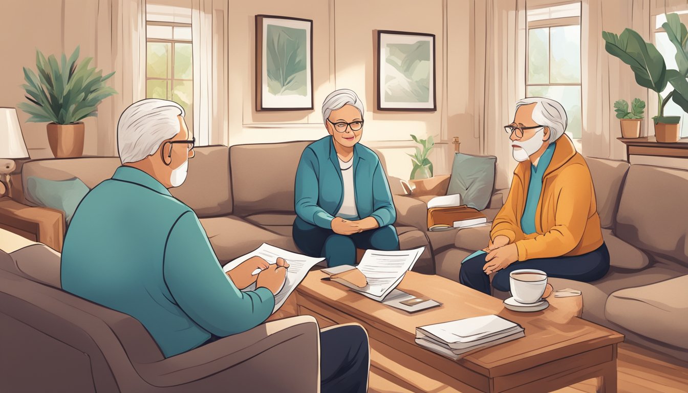 A senior couple reviewing critical illness insurance policy details with an insurance agent in a cozy living room setting