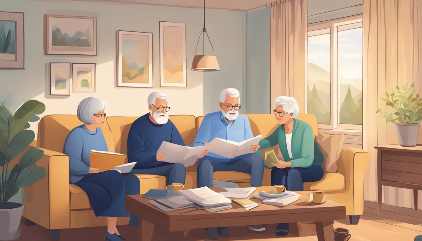 A senior couple reviewing critical illness insurance policy documents with a financial advisor in a cozy living room setting