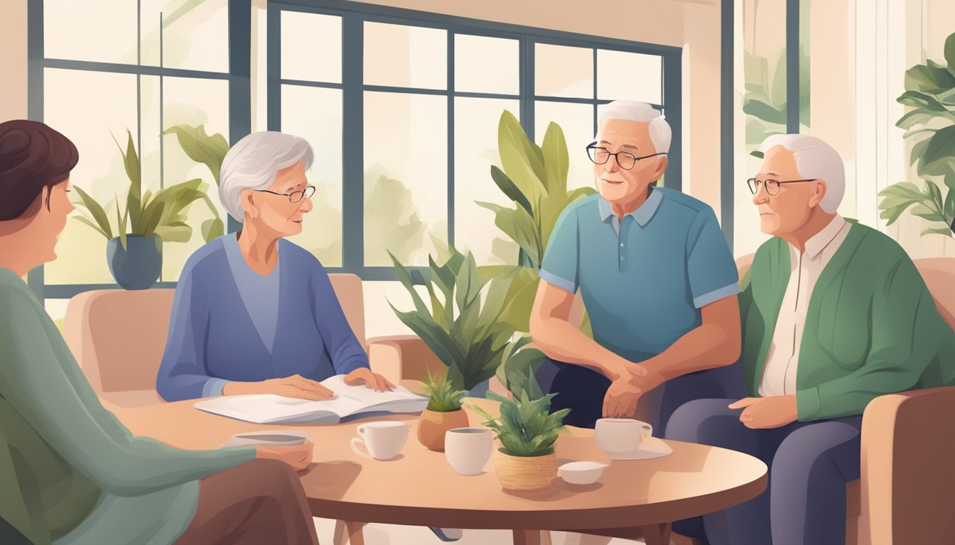 A serene elderly person surrounded by family, receiving comfort and support while discussing critical illness insurance with a compassionate insurance agent