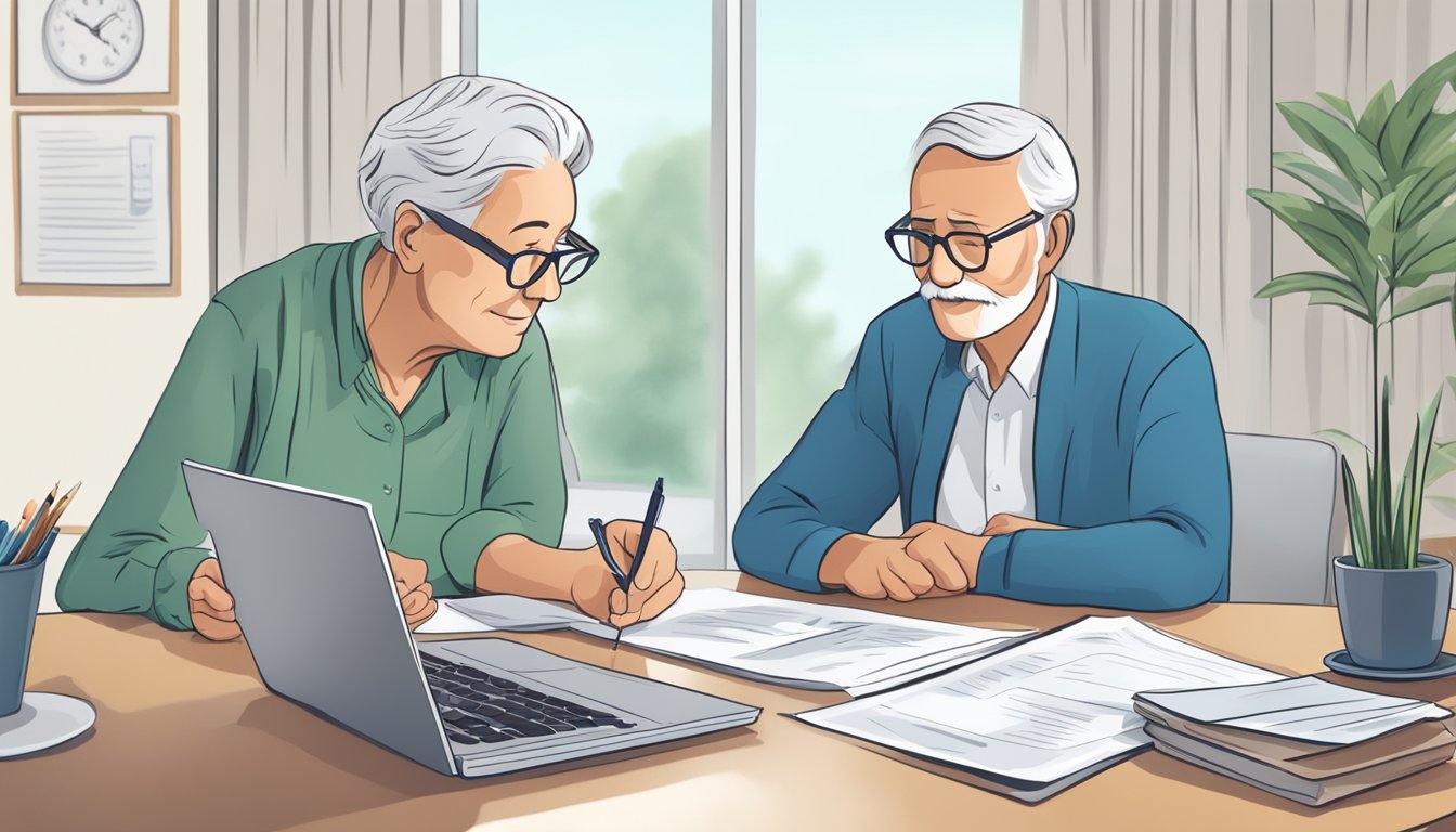 An elderly person reviewing critical illness insurance options with a financial advisor