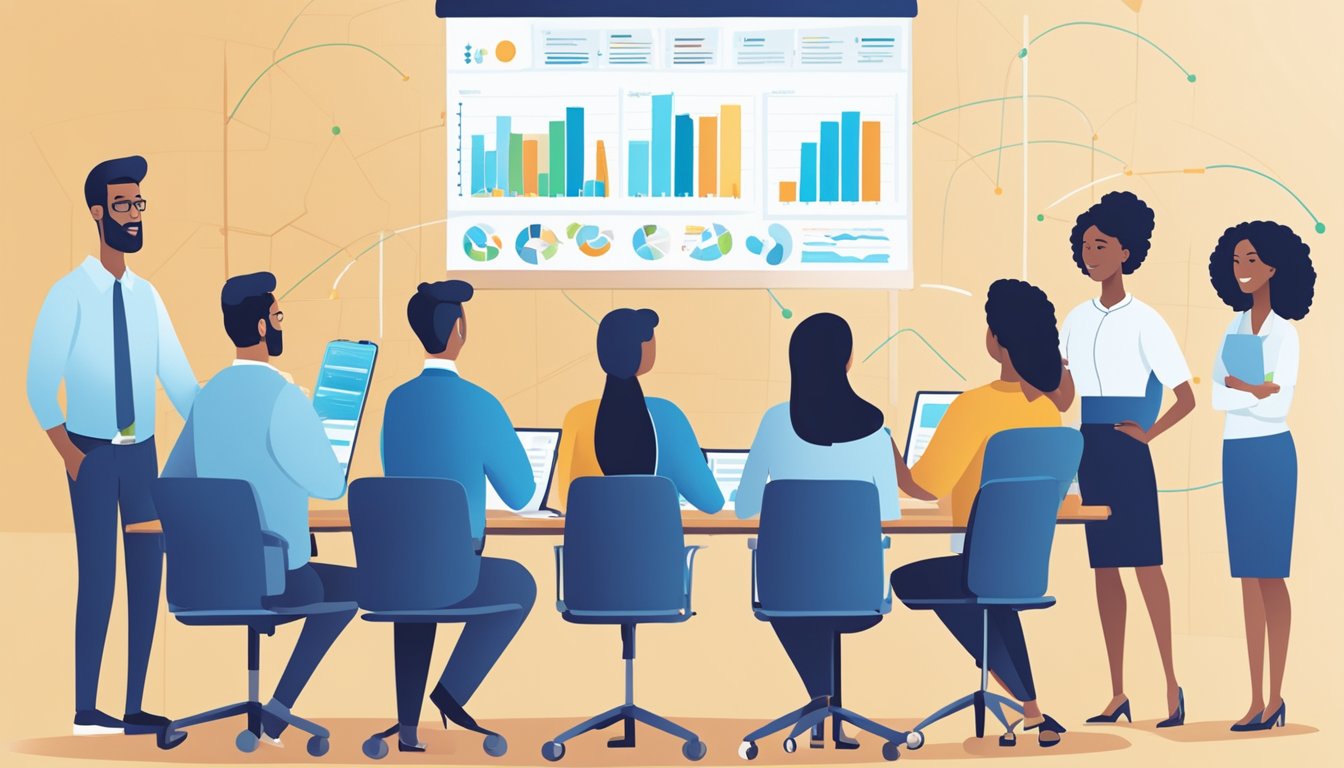 A diverse group of individuals gather in a meeting room, listening attentively as a presenter explains the benefits of offering group critical illness insurance. Charts and graphs are displayed on a large screen, illustrating the advantages of the plan