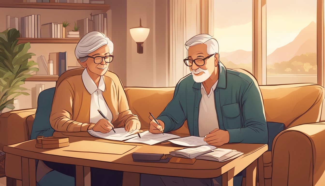 A senior couple reviewing paperwork with an insurance agent in a cozy living room, surrounded by warm lighting and a sense of comfort and security