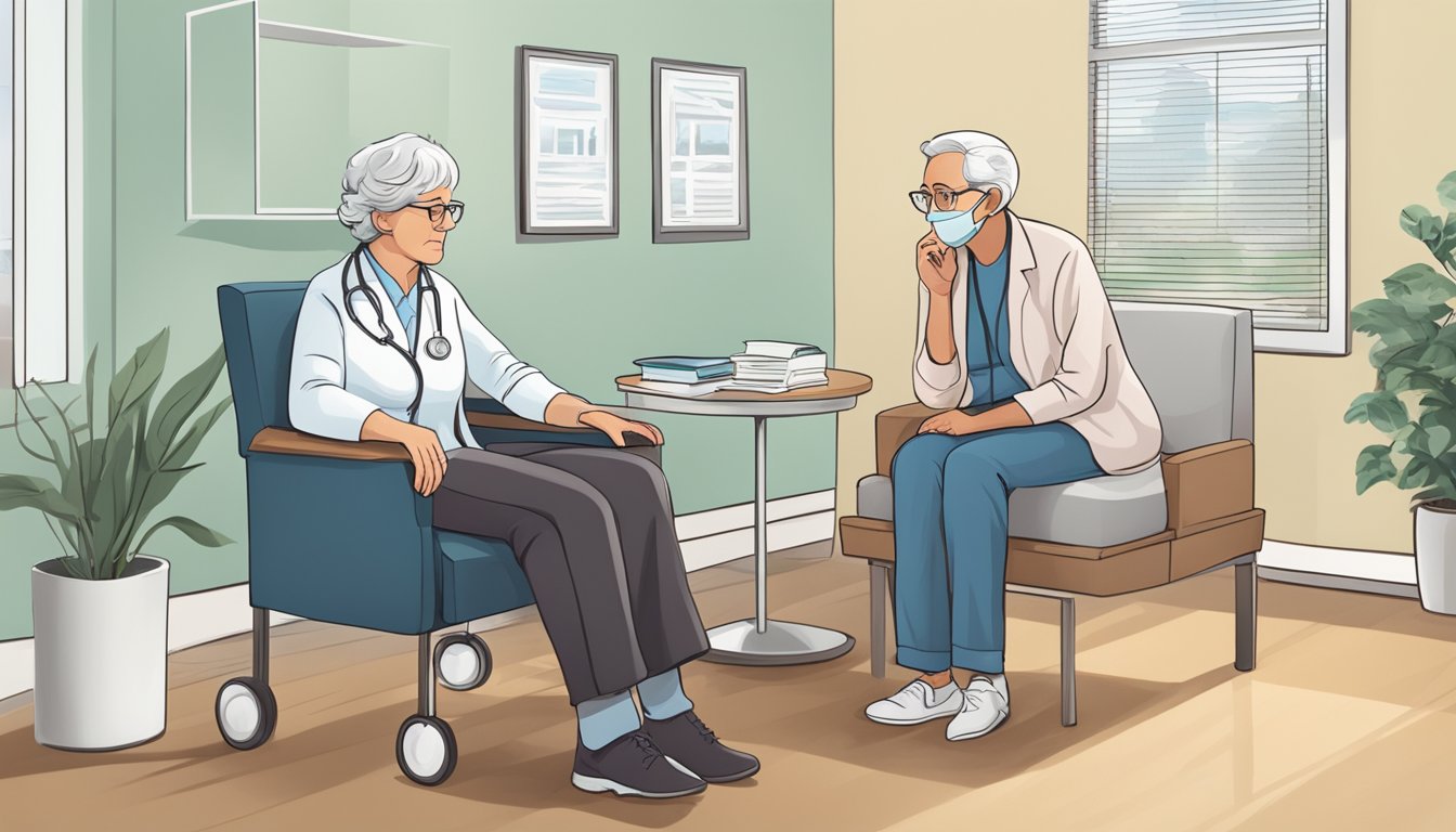 Elderly person sitting in a doctor's office, discussing critical illness insurance with a concerned family member