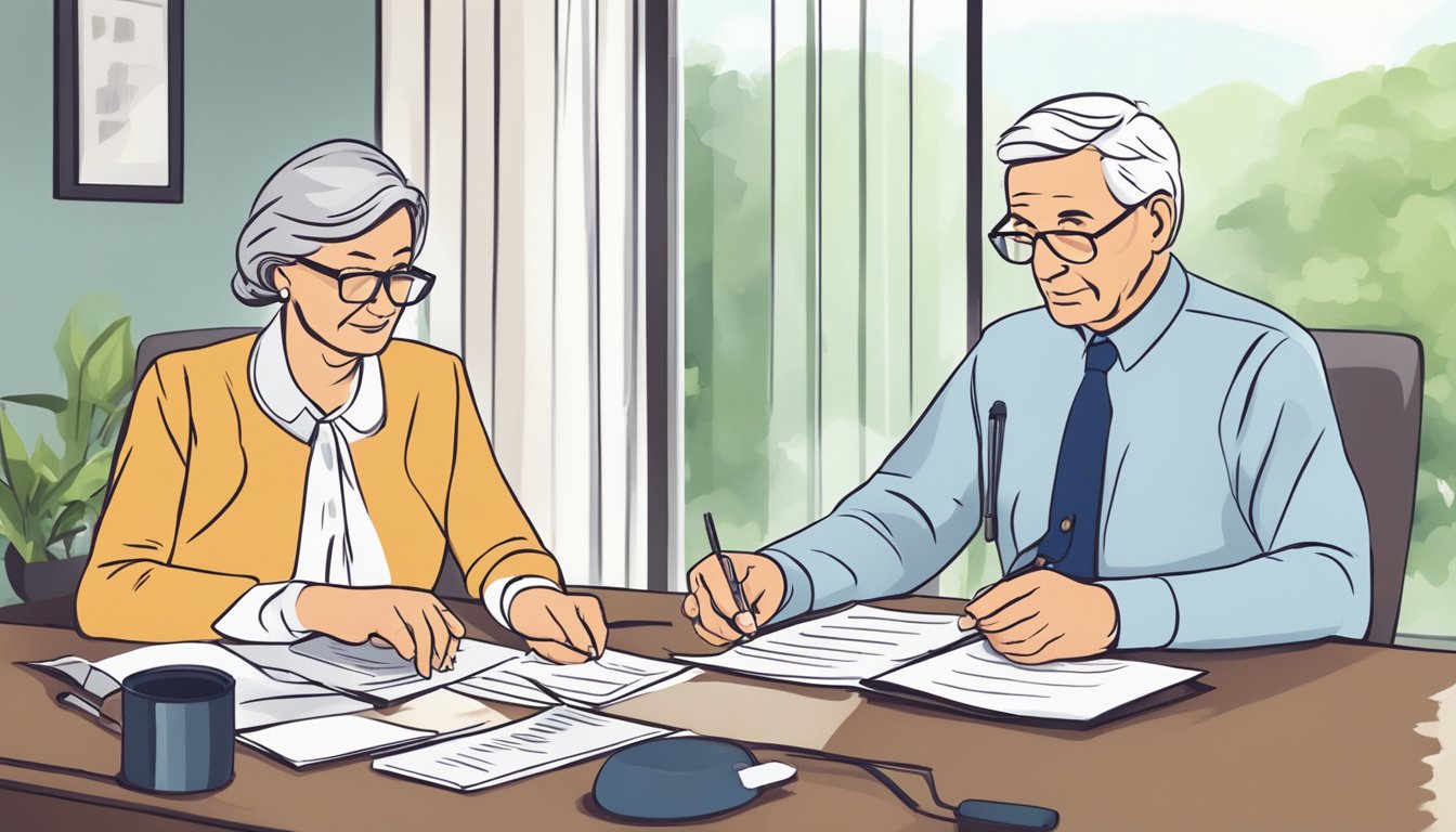 An elderly couple reviewing critical illness insurance options with a financial advisor